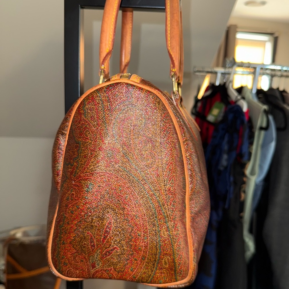 ETRO Milano Paisley Boston Bag Brown Leather Speedy Satchel Made in Italy - Picture 7 of 10